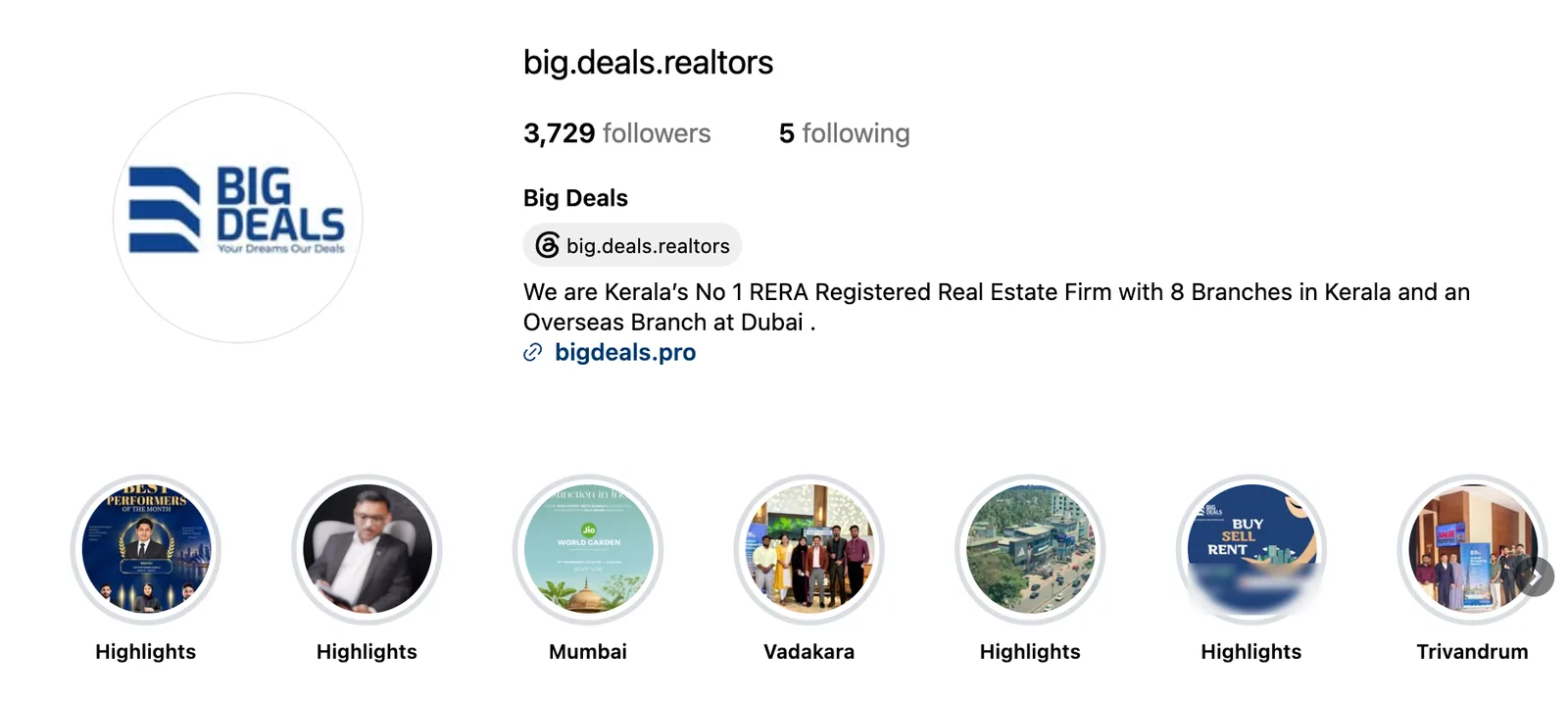 Instagram profile of Big Deals, @big.deals.realtors, on 30 Sep 2026: the Big Deals logo, 3,729 followers, its bio and a row of story highlights