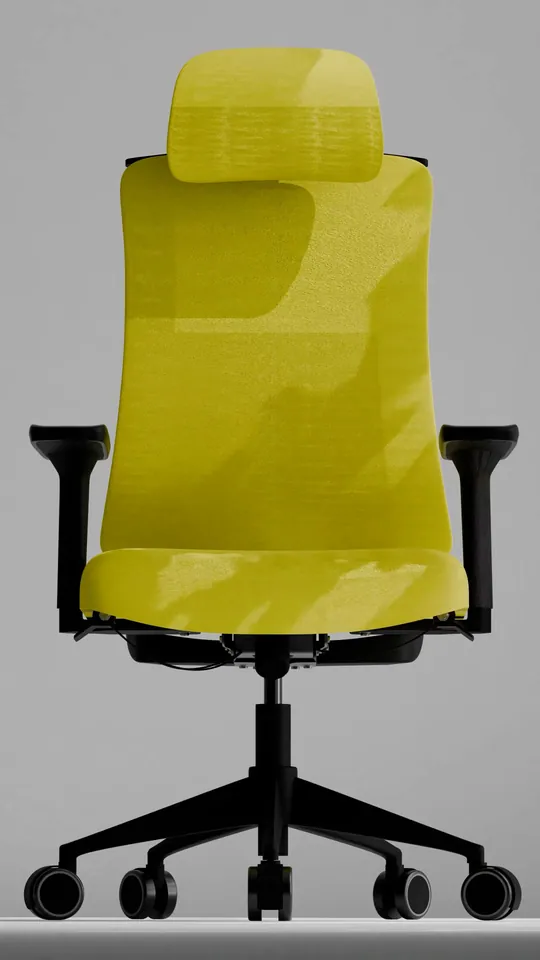 A lime mesh high-back office chair with a headrest and black arms in a bright room, from Bosq's 3D product film