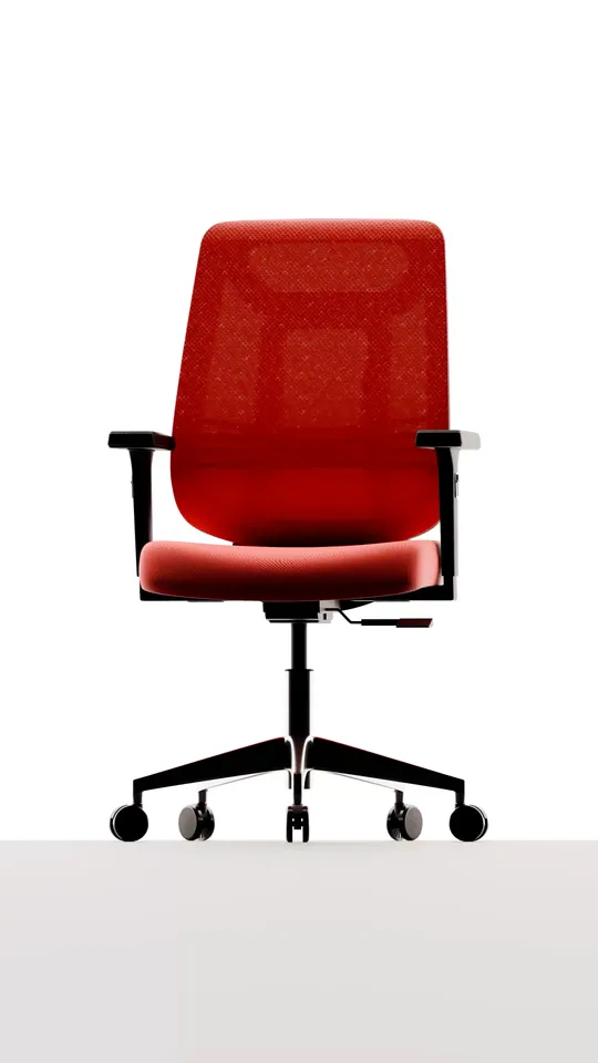 A red mesh office chair with black arms and a five-star base on a seamless white set, from Bosq's 3D product film