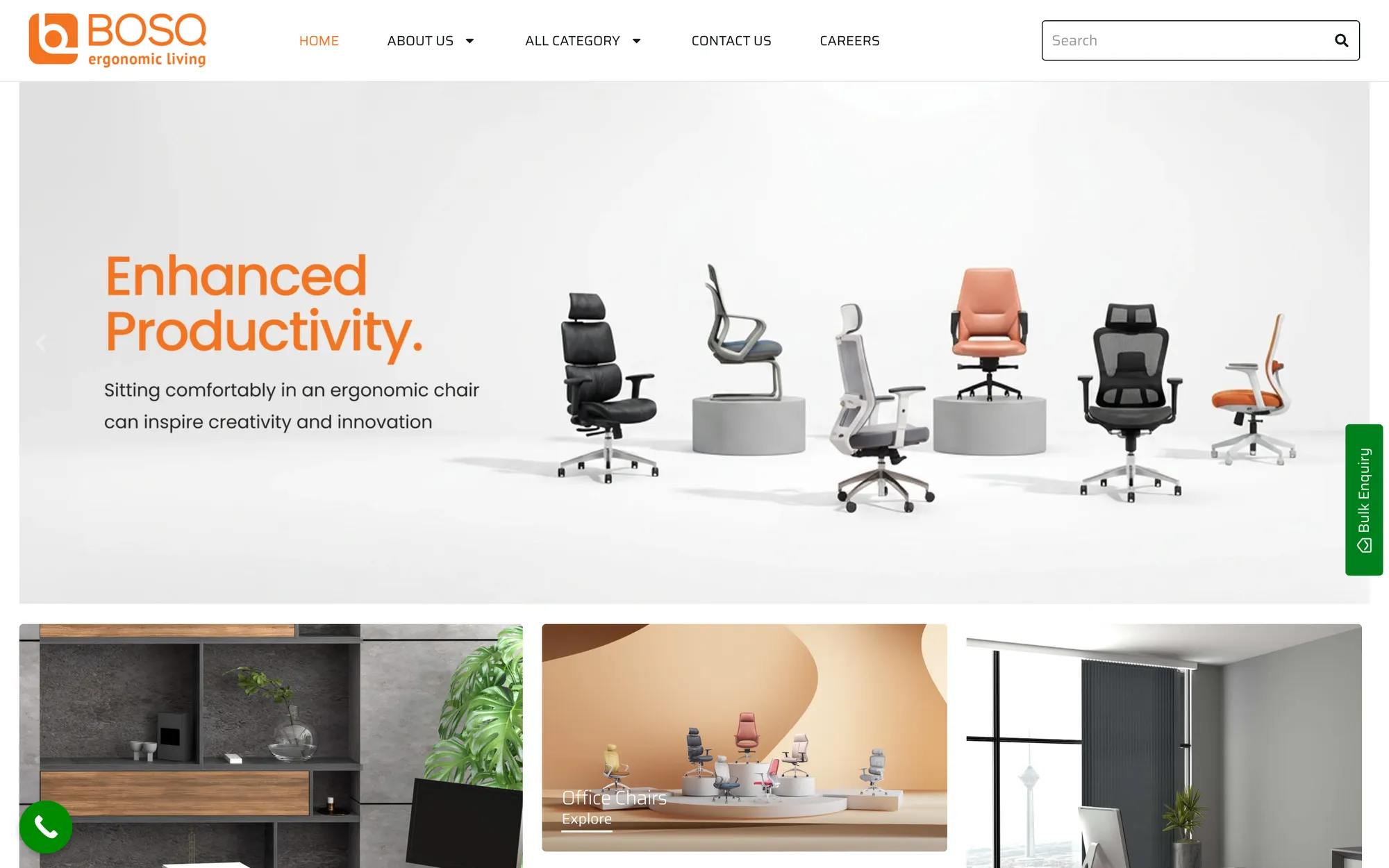 Bosq website home page: the BOSQ ergonomic living logo above a row of office chairs and the line Enhanced Productivity
