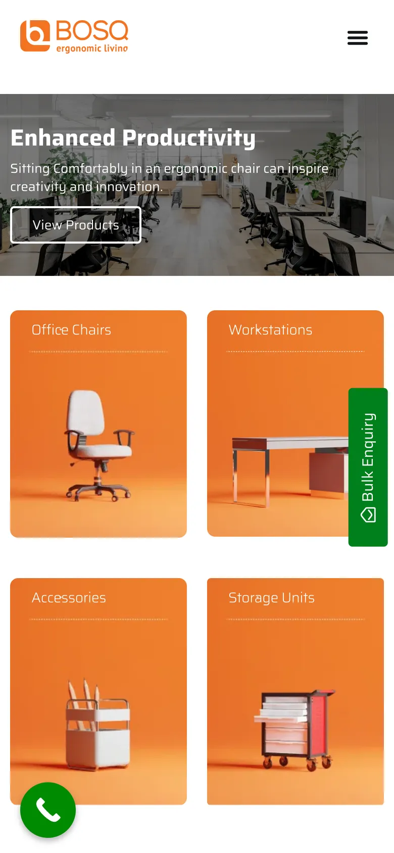 Bosq website on a phone: office chairs, workstations, accessories and storage on orange tiles