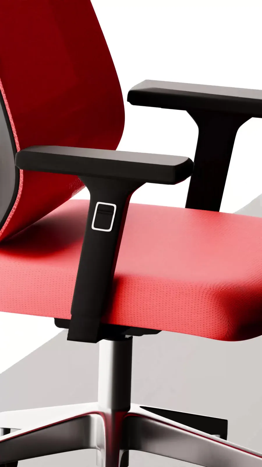 Close-up of the red chair's adjustable armrest, seat and polished base, a frame from Bosq's 3D product film