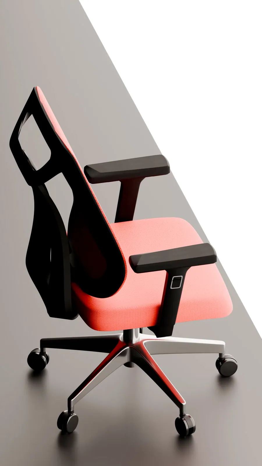 The red mesh office chair from behind on a grey floor, a frame from Bosq's 3D product film