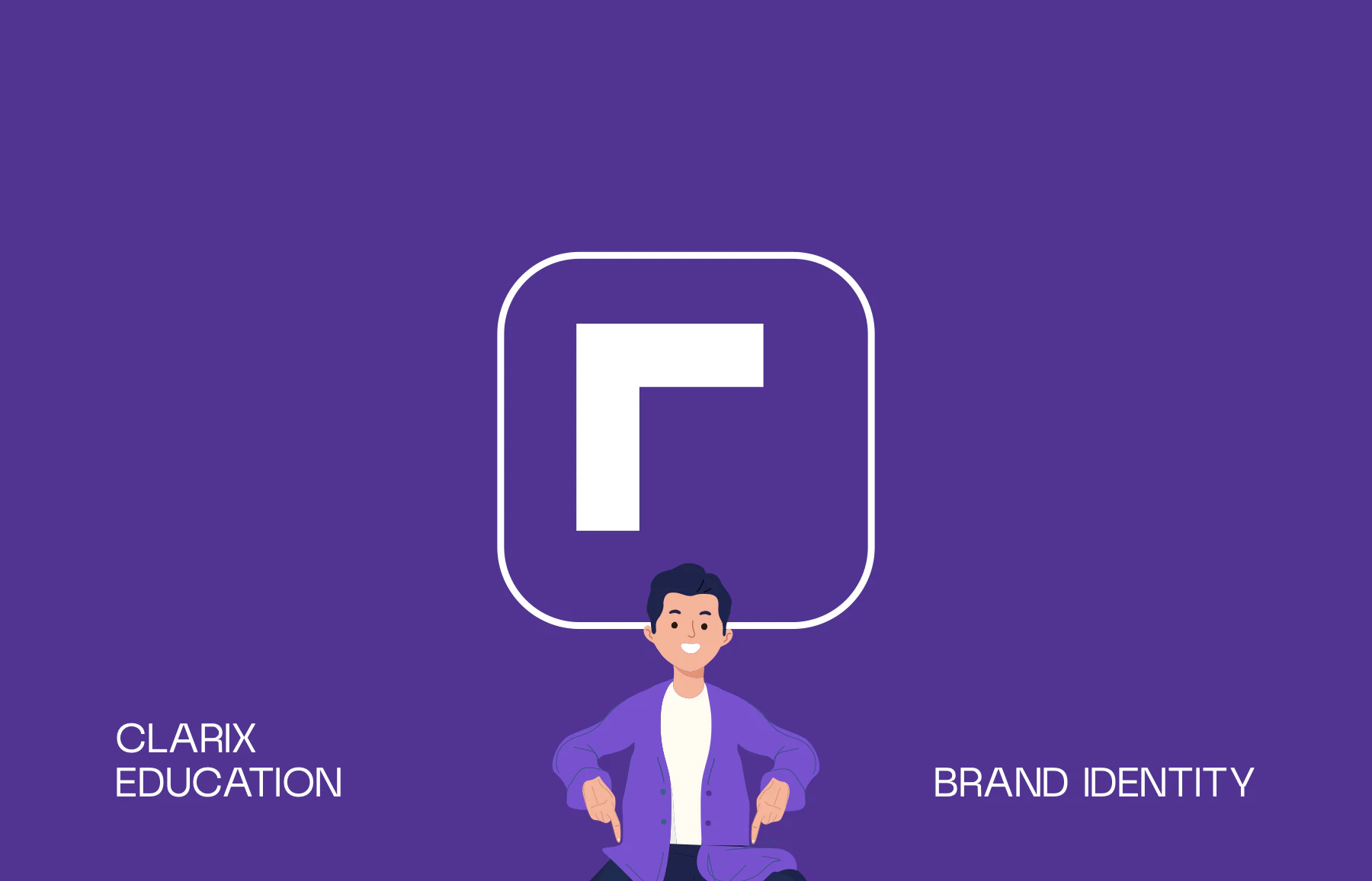 Cover of the Clarix Education brand book: the app icon in its rounded frame above the Clarix mascot, on Clarix purple