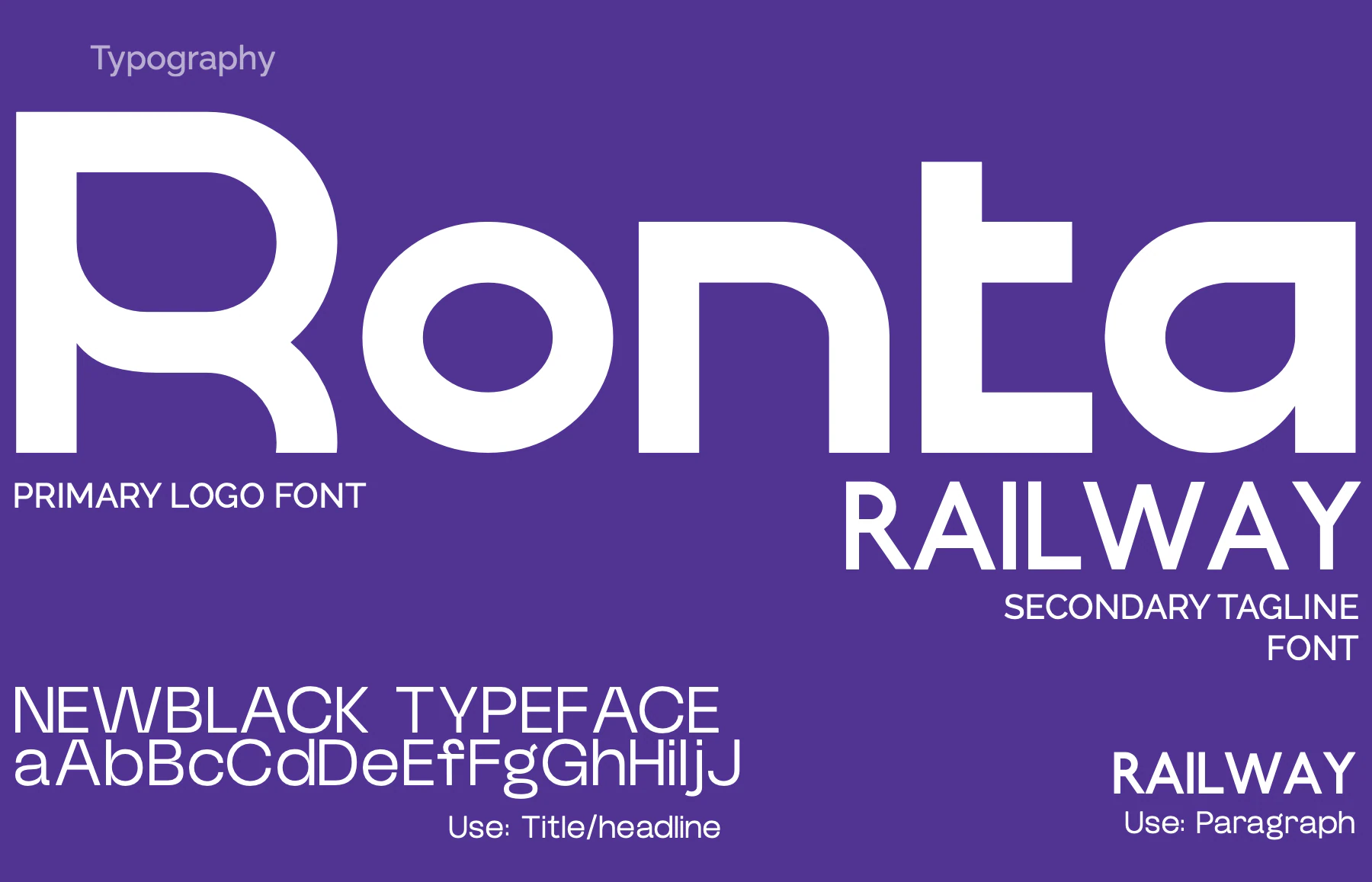 The type page: Ronta for the logo, NewBlack for headlines, Raleway for the tagline and paragraphs.