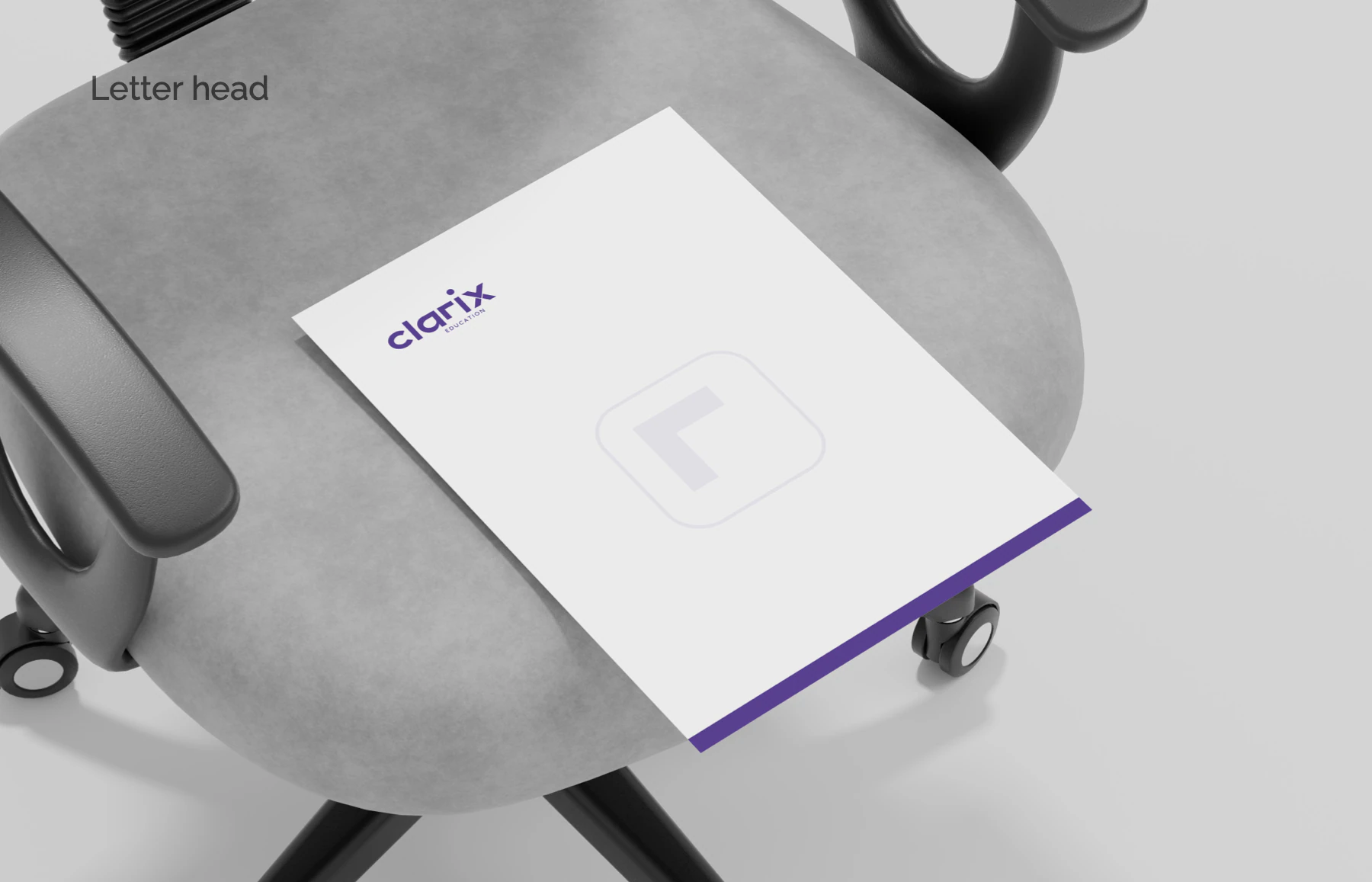 Mockup: letterhead with the wordmark top left, a ghosted icon watermark and a purple foot band.