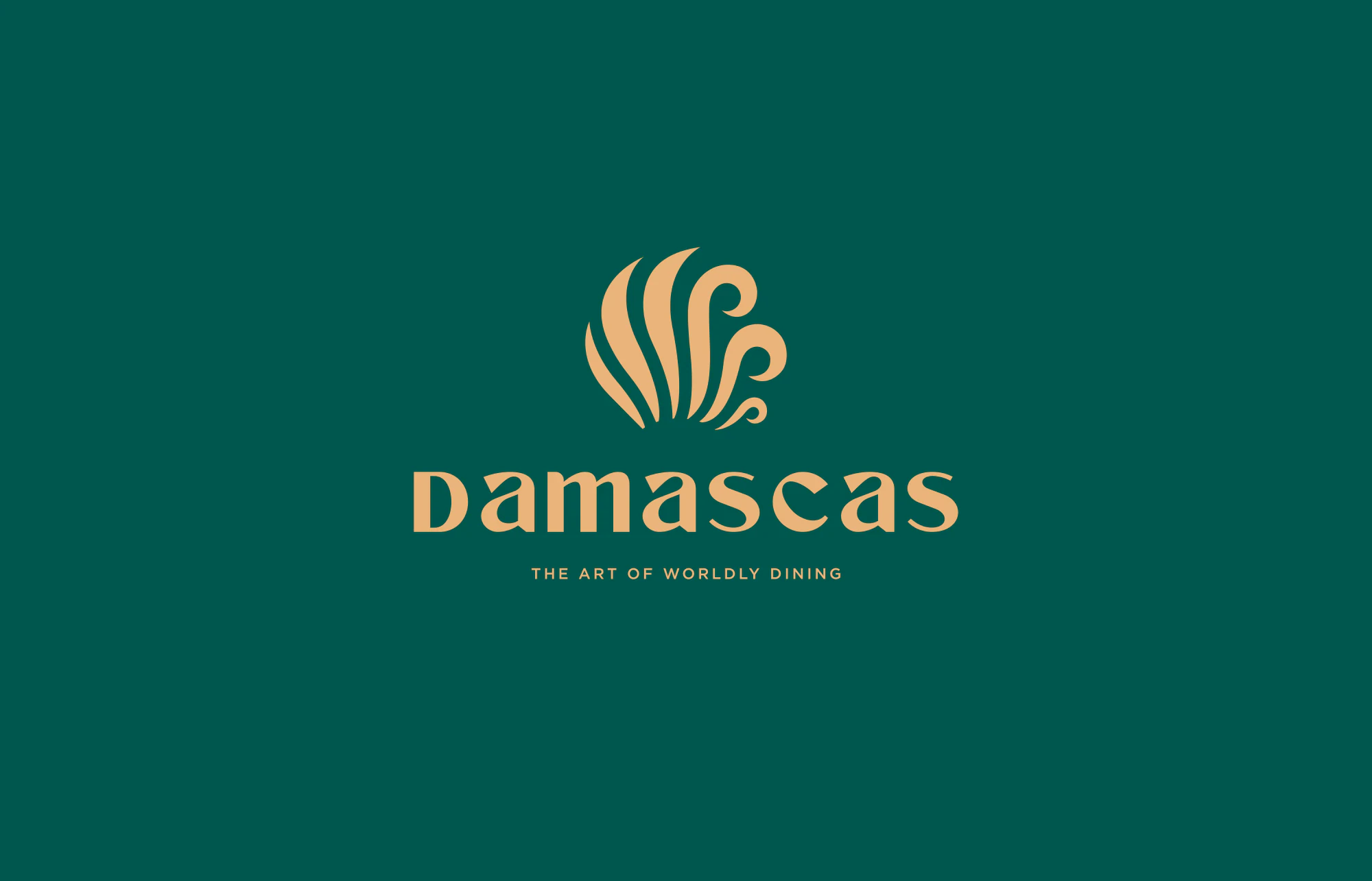 Primary logo: the emblem over the wordmark and 'The Art of Worldly Dining', Champagne Gold on Deep Teal.