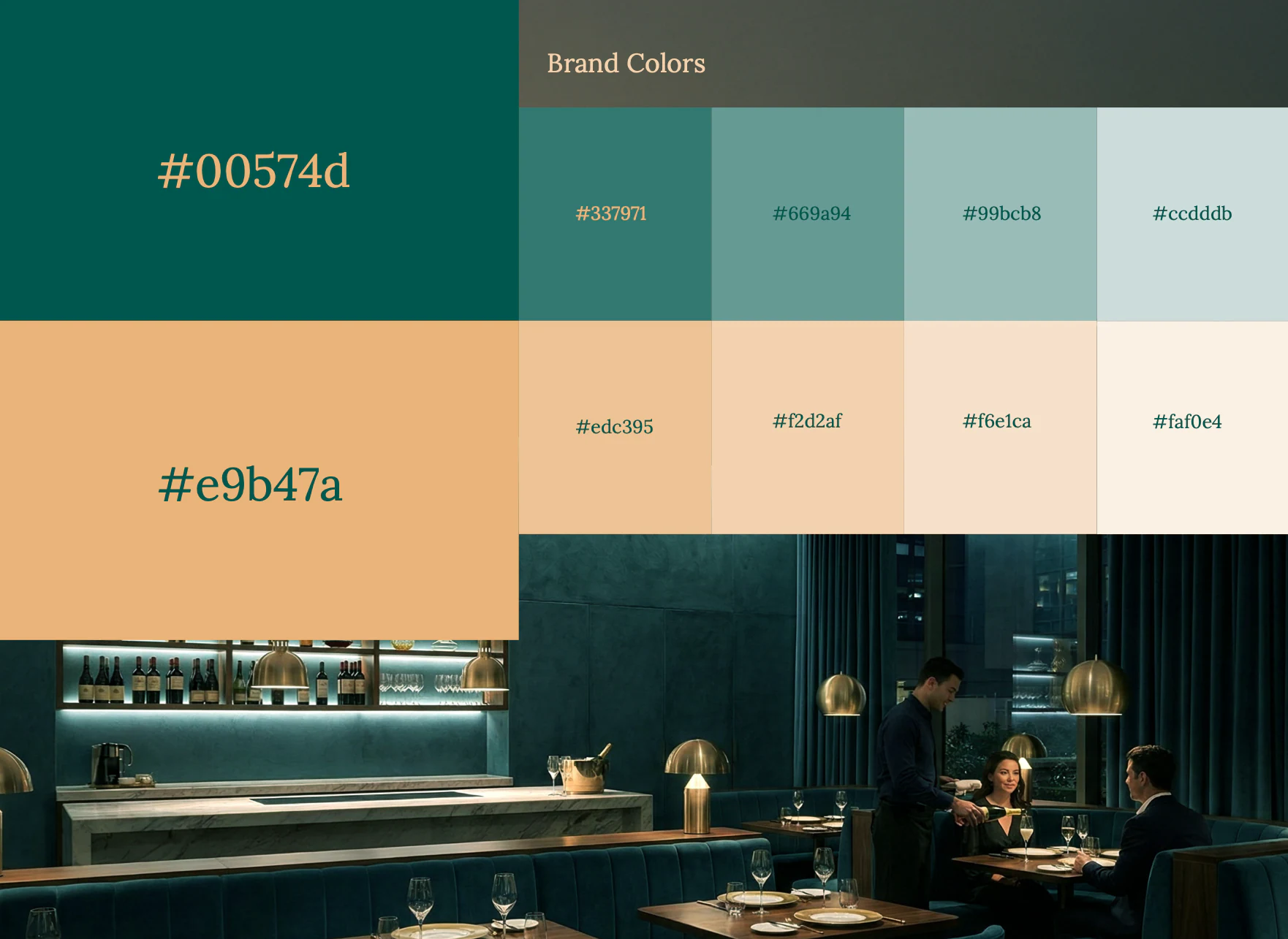 Deep Teal and Champagne Gold with their tint ramps, over a teal-and-brass dining room.