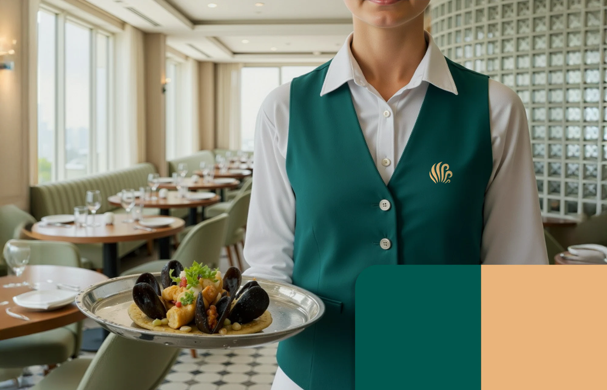 Front-of-house uniform mockup: a teal waistcoat with the gold emblem crest.