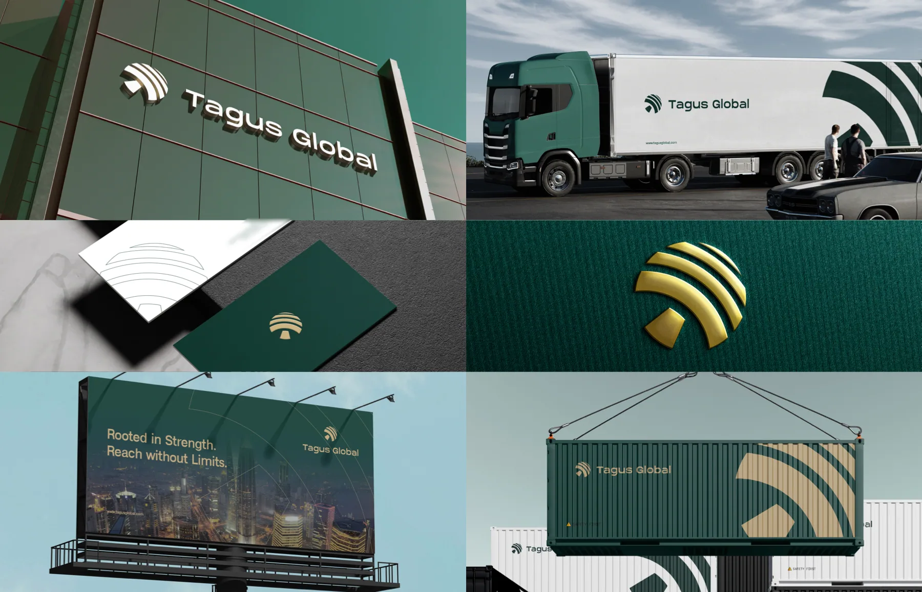 The system at full scale: façade lettering, trailer livery, cards, an embossed gold mark, a billboard and a container (mockups).