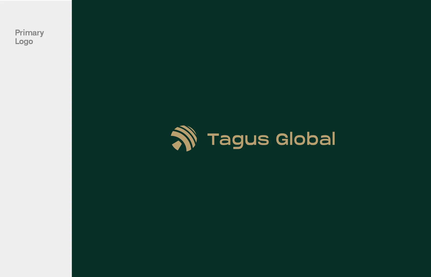 Primary lockup: the mark and the Tagus Global wordmark in At-Turaif Gold on Najd Forest.