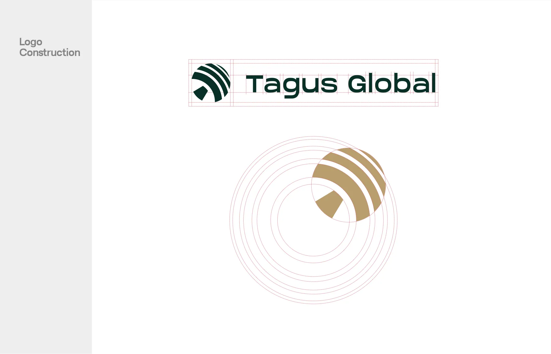 The mark is drawn from concentric circles, a globe carved with a T, and the lockup sits on a measured grid.