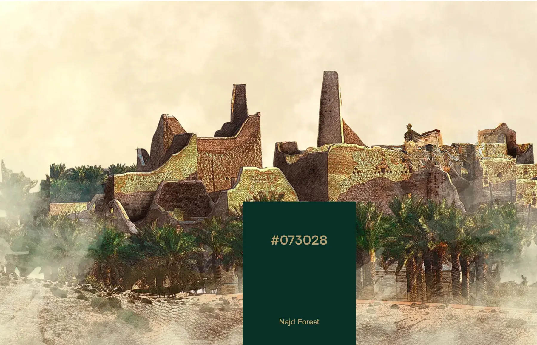 Najd Forest set against Diriyah's mud-brick skyline, the Heritage-Tech source of the palette.