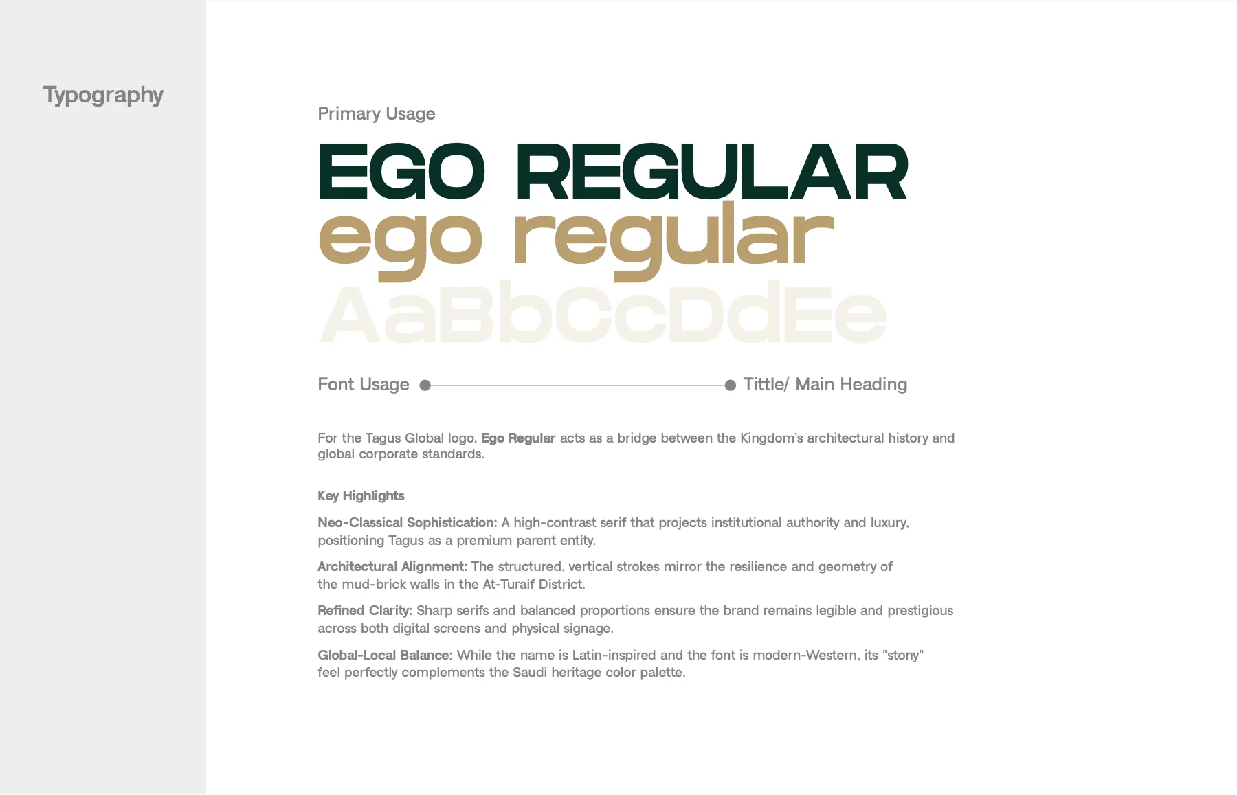 Ego Regular, the wide display face behind the wordmark and headlines. Lenia Sans carries the body copy.