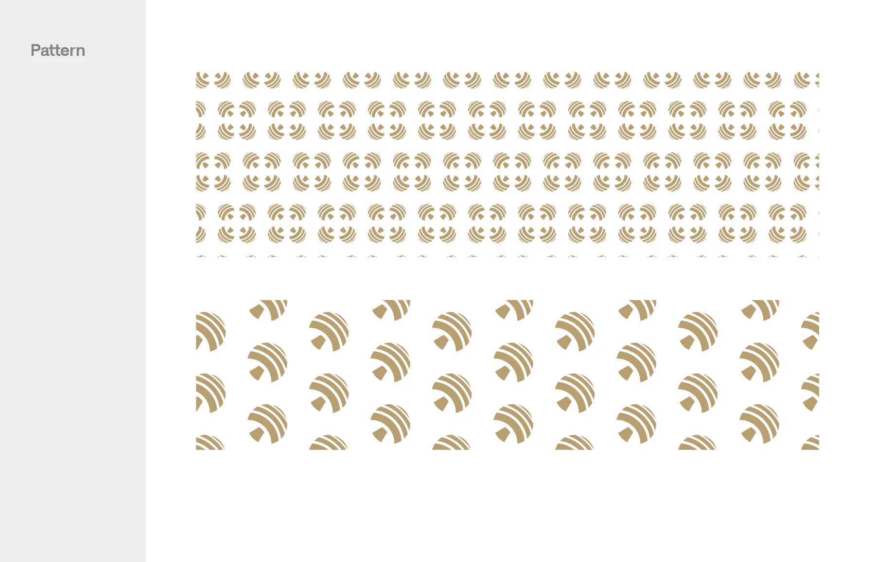 Two patterns cut from the mark, both in At-Turaif Gold: tight mirrored clusters and a looser rotated scatter.