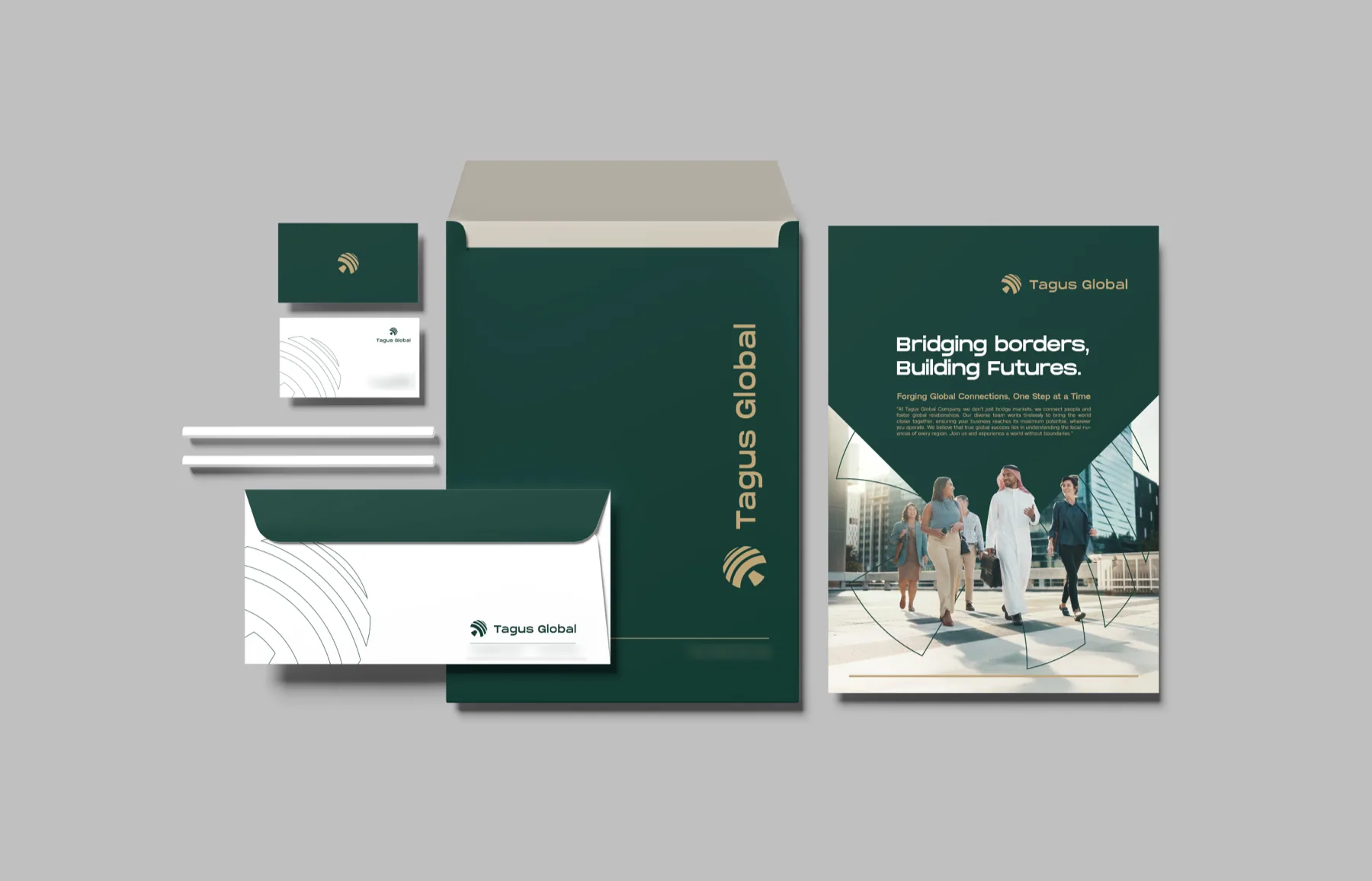 Stationery: business cards, DL and A4 envelopes, and a brochure cover that reads "Bridging borders, Building Futures."