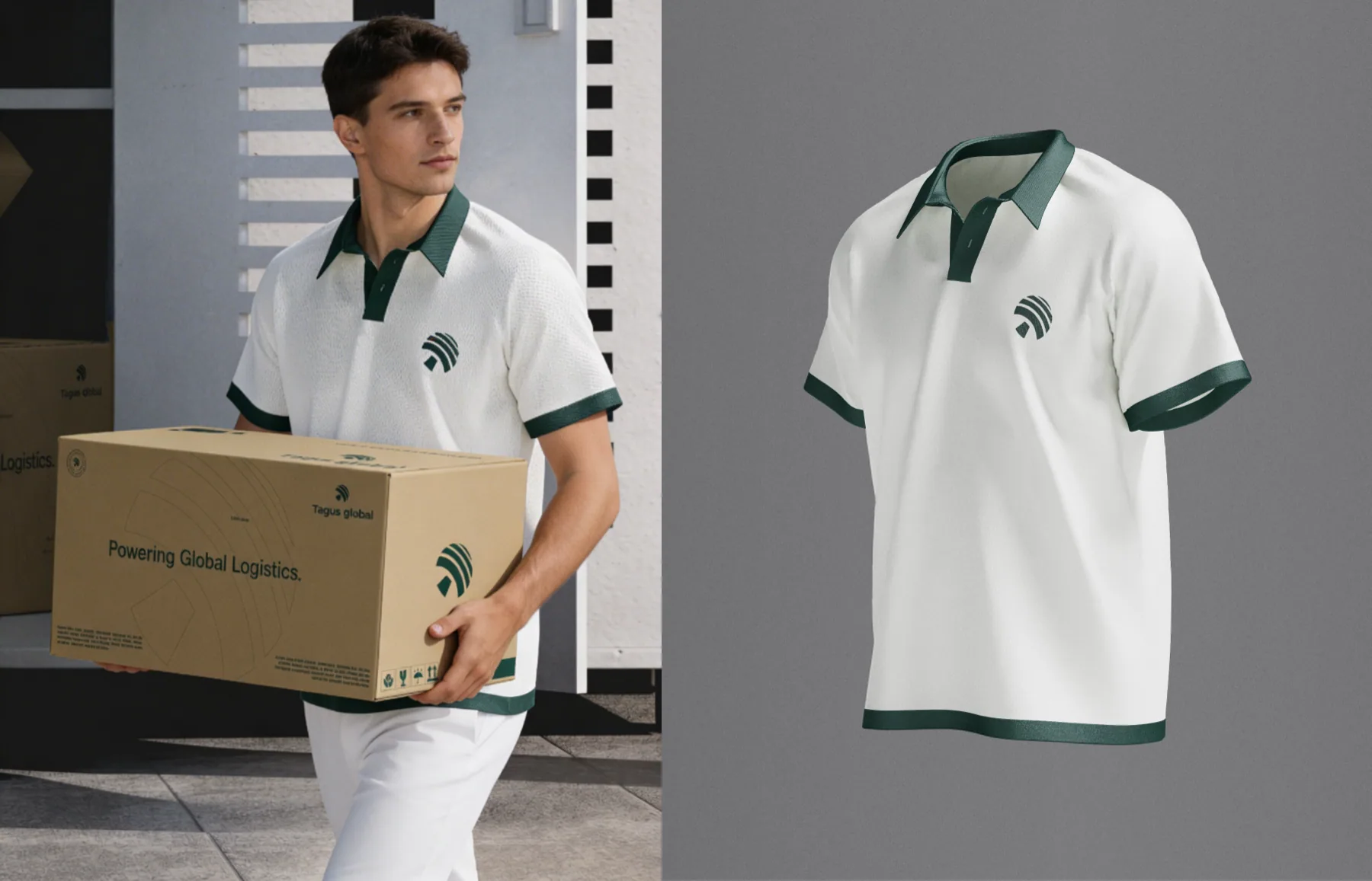 Logistics uniform and cartons mockup: a white polo with Najd Forest trims, and kraft boxes that read "Powering Global Logistics."