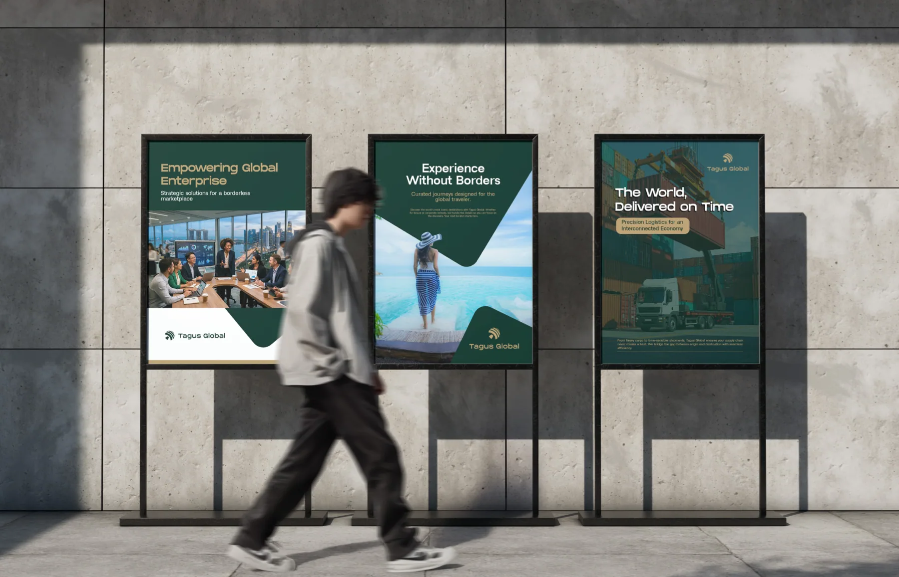 Campaign posters for enterprise, travel and freight, with diagonal photo crops that echo the slant of the mark.