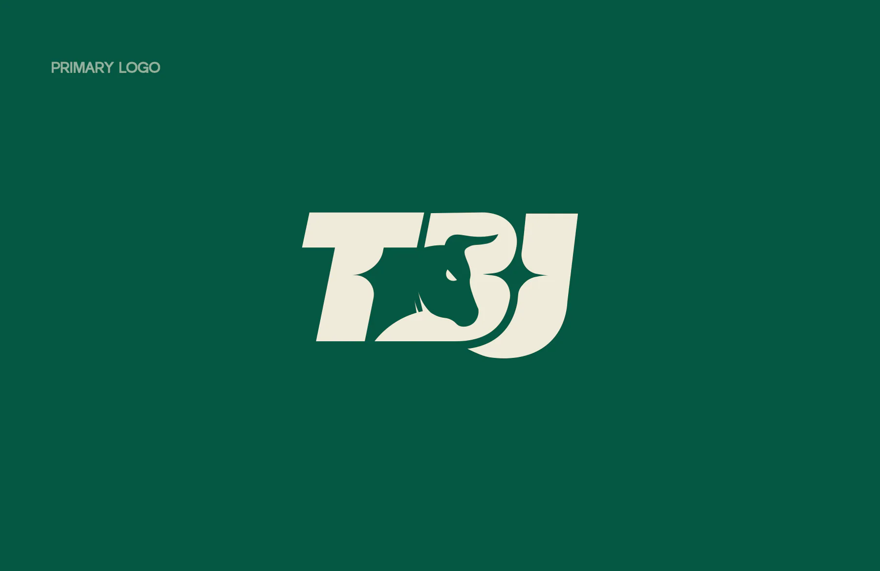 Primary logo: a forward-slanted TBJ monogram, the B's bowl cut into a bull's head and a four-point spark between B and J.