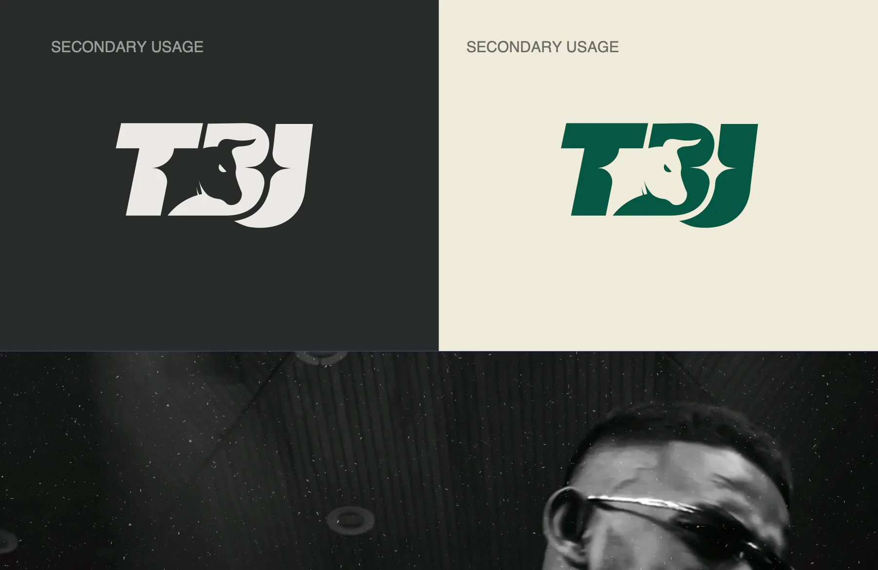 Secondary usage: cream on charcoal and green on cream, above black-and-white stage photography.