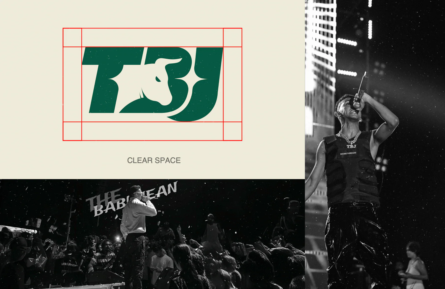 The clear-space grid around the monogram, beside black-and-white live photography.