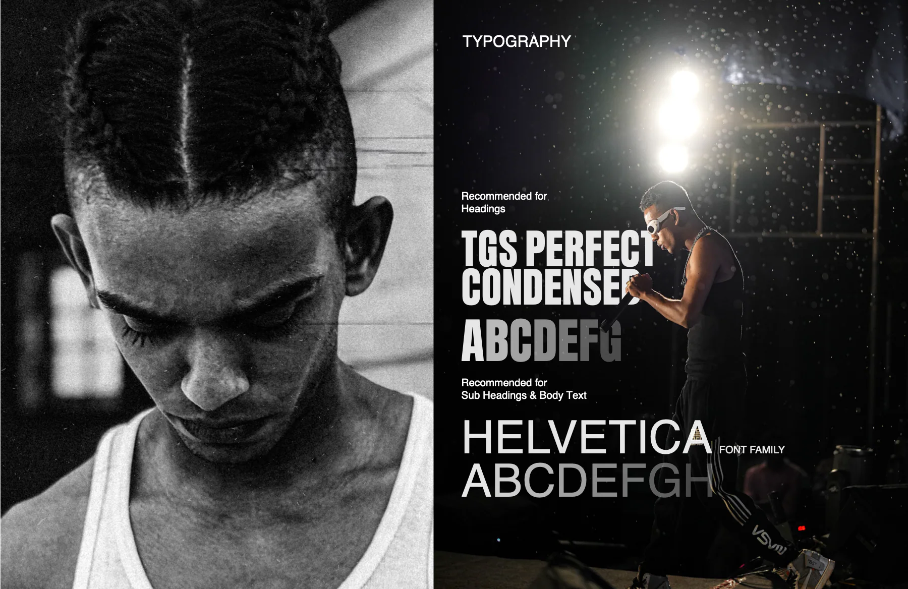 TGS Perfect Condensed for headings, Helvetica for sub-heads and body.