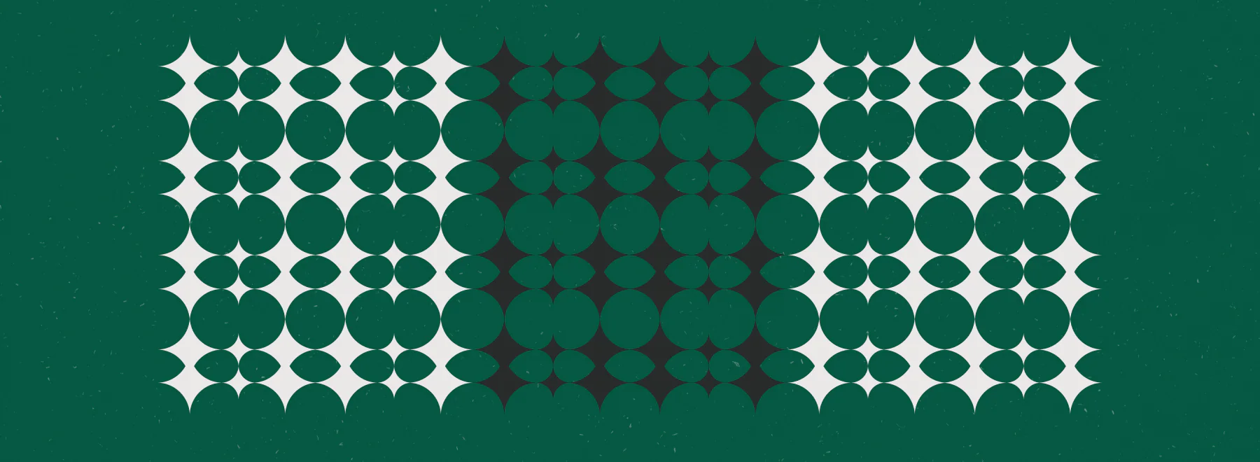 The star grid: circles on a grid whose gaps form four-point stars, run in cream, charcoal and green.