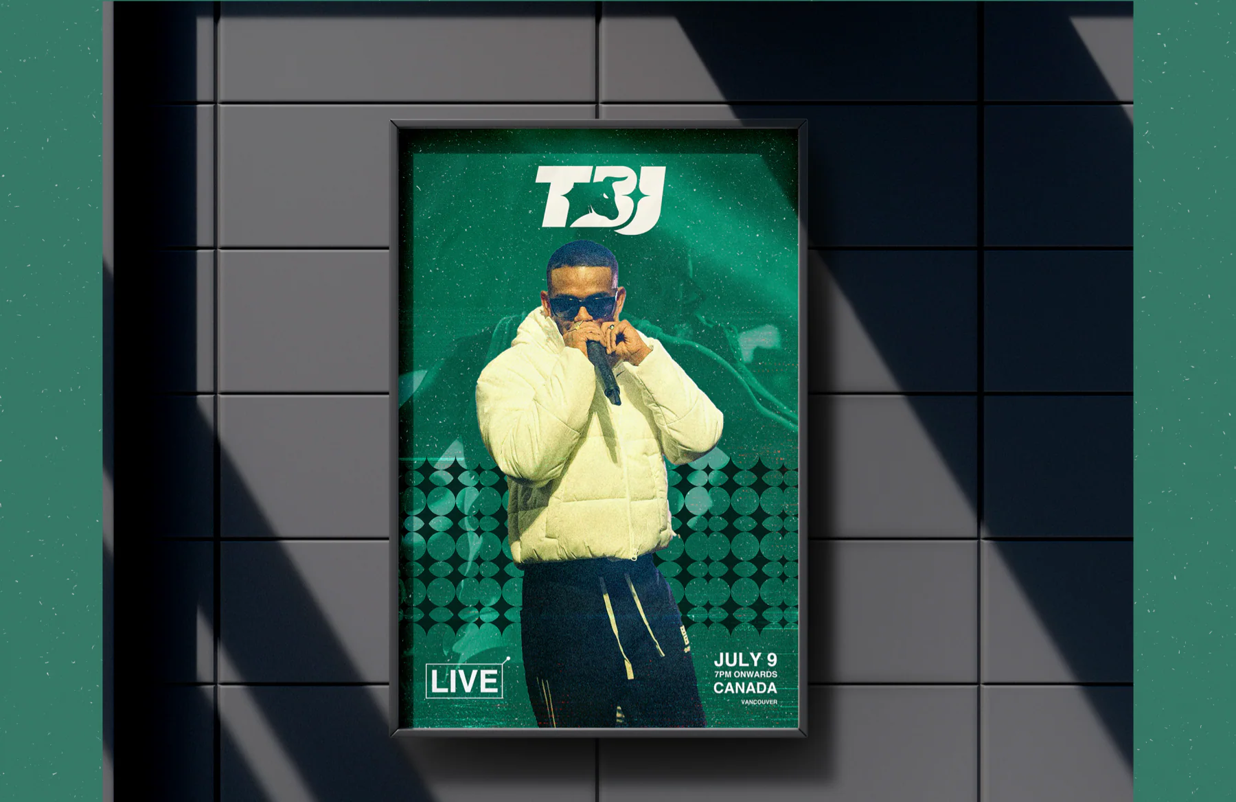 A TBJ LIVE gig poster mockup: green-duotone portrait over the star grid, with the boxed LIVE tag.