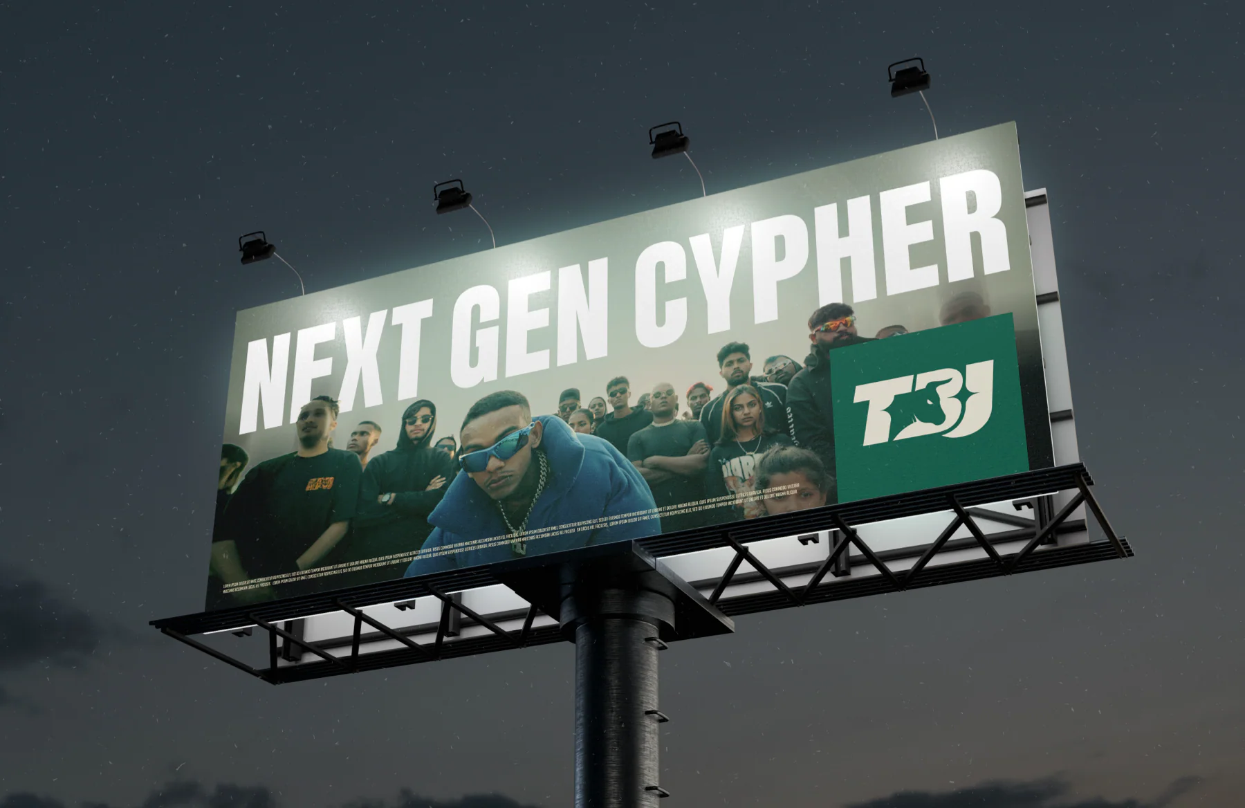 Billboard mockup: a condensed NEXT GEN CYPHER headline over a crew shot, the monogram in a solid green block.