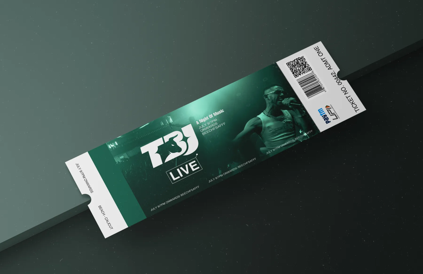A TBJ LIVE ticket mockup in the green duotone, with the monogram and LIVE tag.
