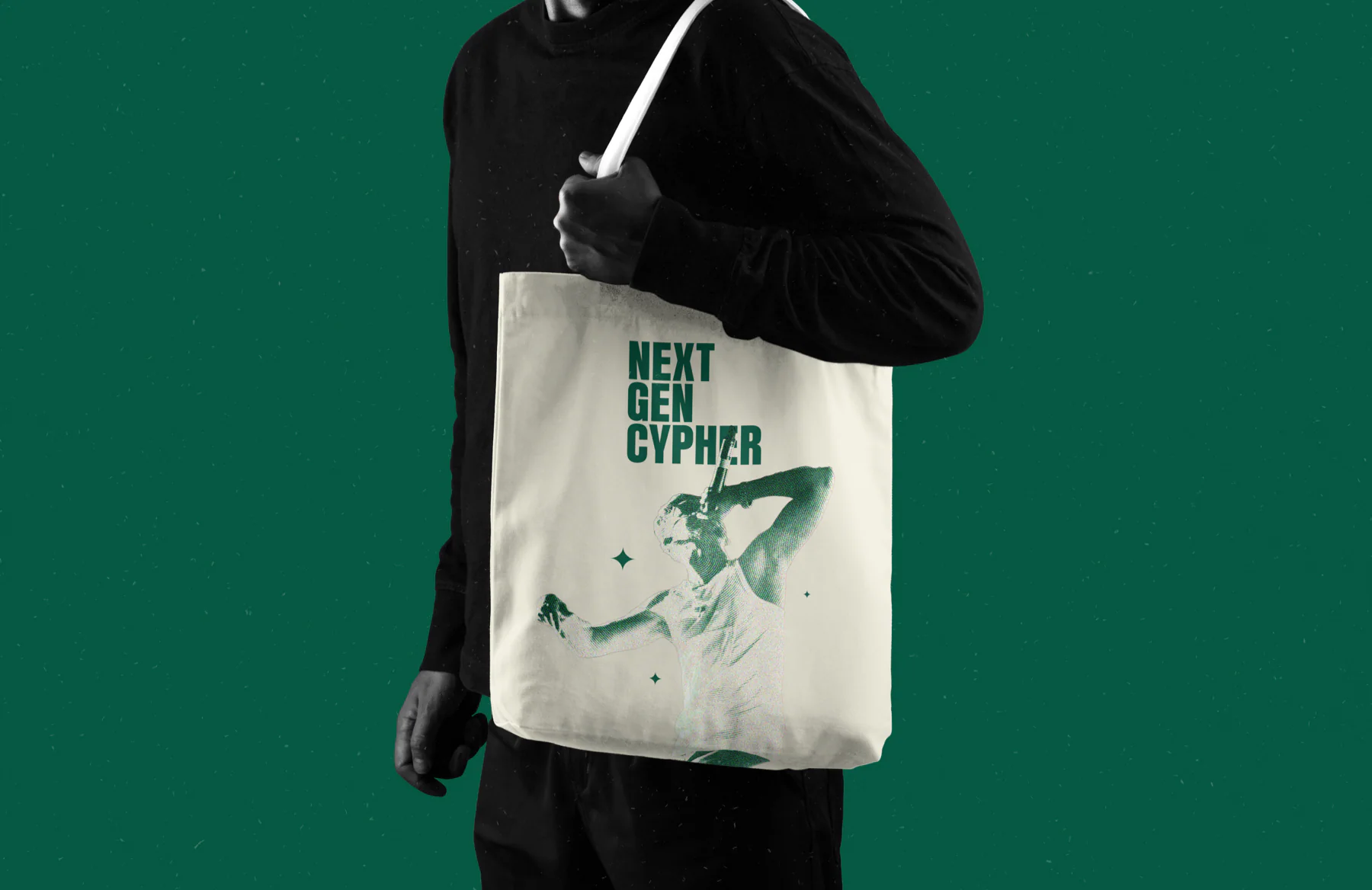 Tote mockup: a halftone green print on cream canvas, with loose four-point sparks.