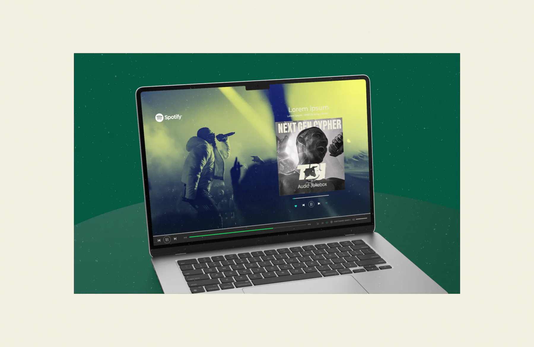Streaming artwork mockup: an 'Audio Jukebox' cover in a desktop player.