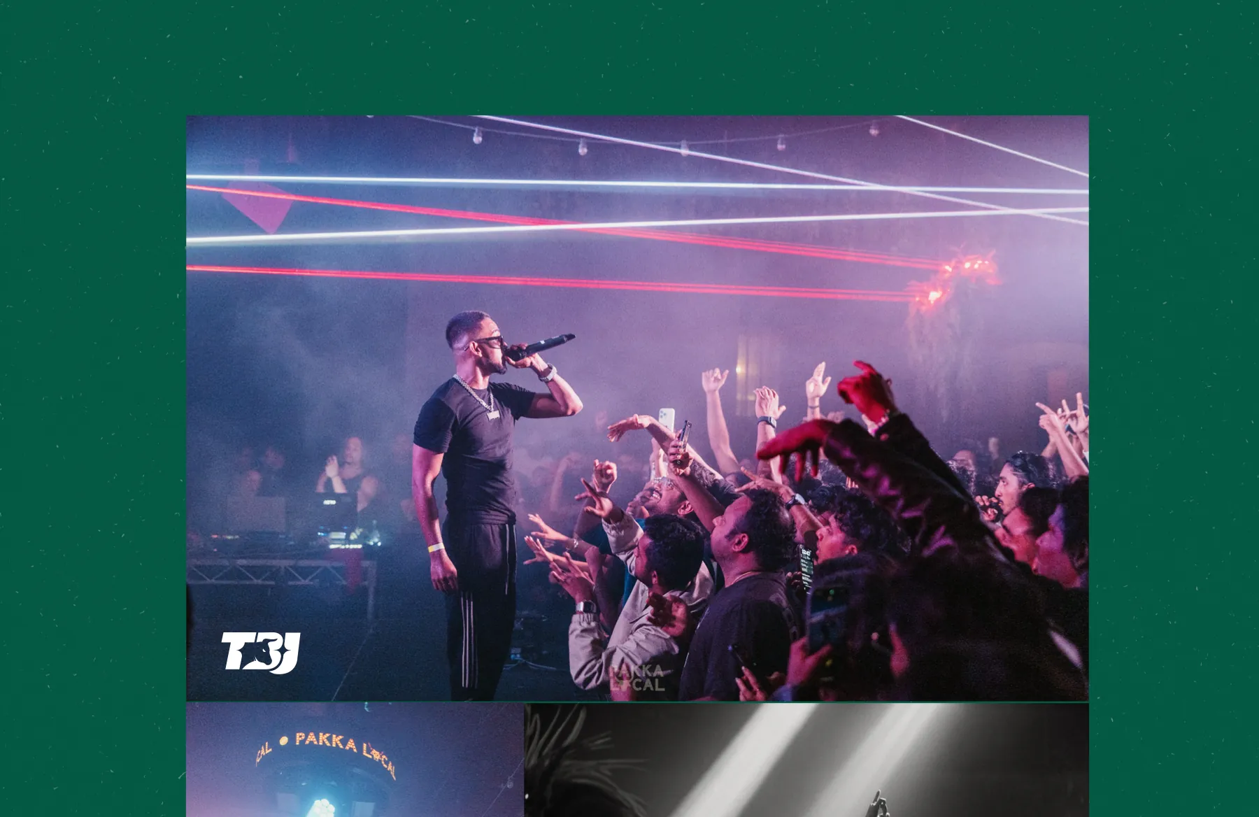 Laser beams over the stage and hands up in the crowd, the frame stamped with the white monogram.