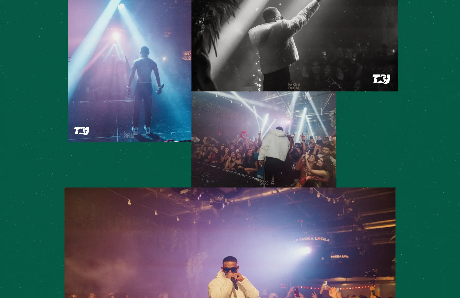 A collage of show photography on flat green, two frames stamped with the white monogram.