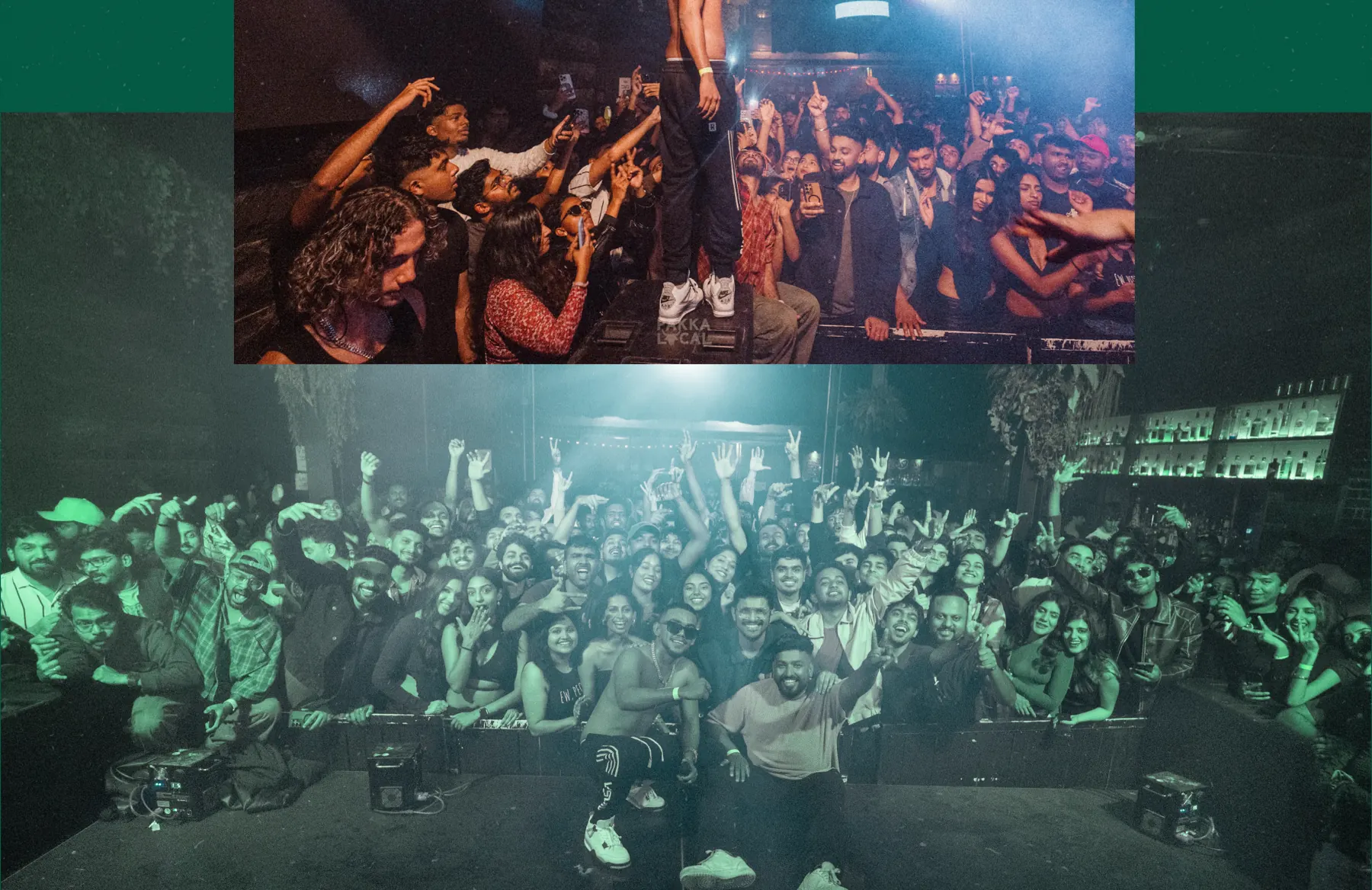 Fans reaching up to the stage, then a green-toned crowd photo with the artist at the front.
