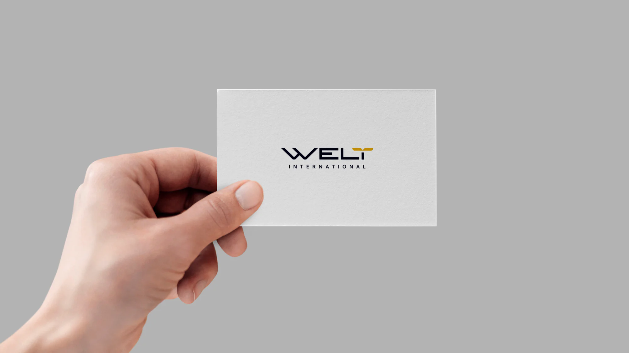 Proposal mockup: the positive lockup on an uncoated white card, navy letters and a gold wing.
