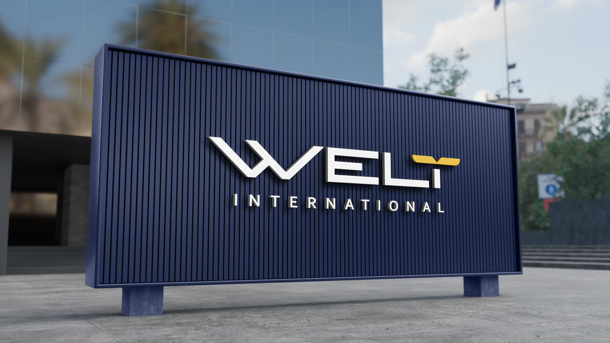 Proposal mockup: entrance signage with dimensional white letters on a fluted navy panel.