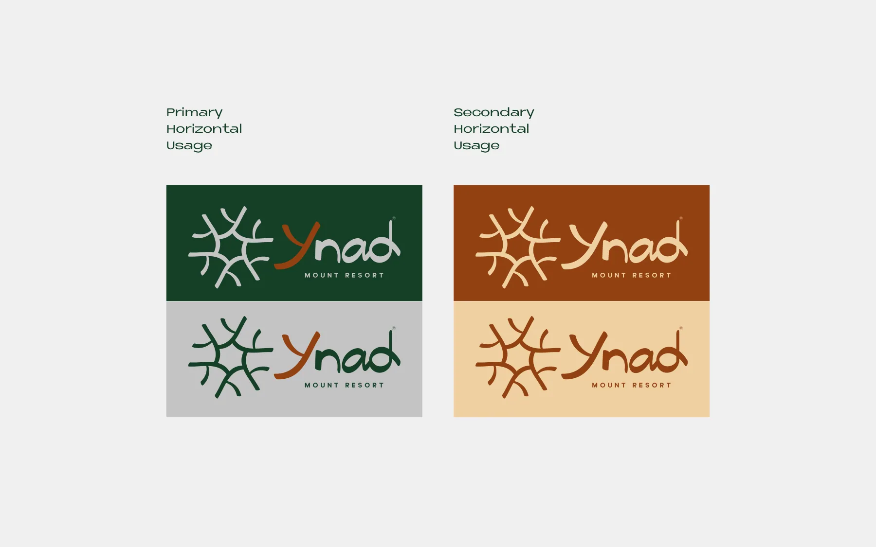 Horizontal lockups: primary in green and silver, secondary in burnt orange and sand.
