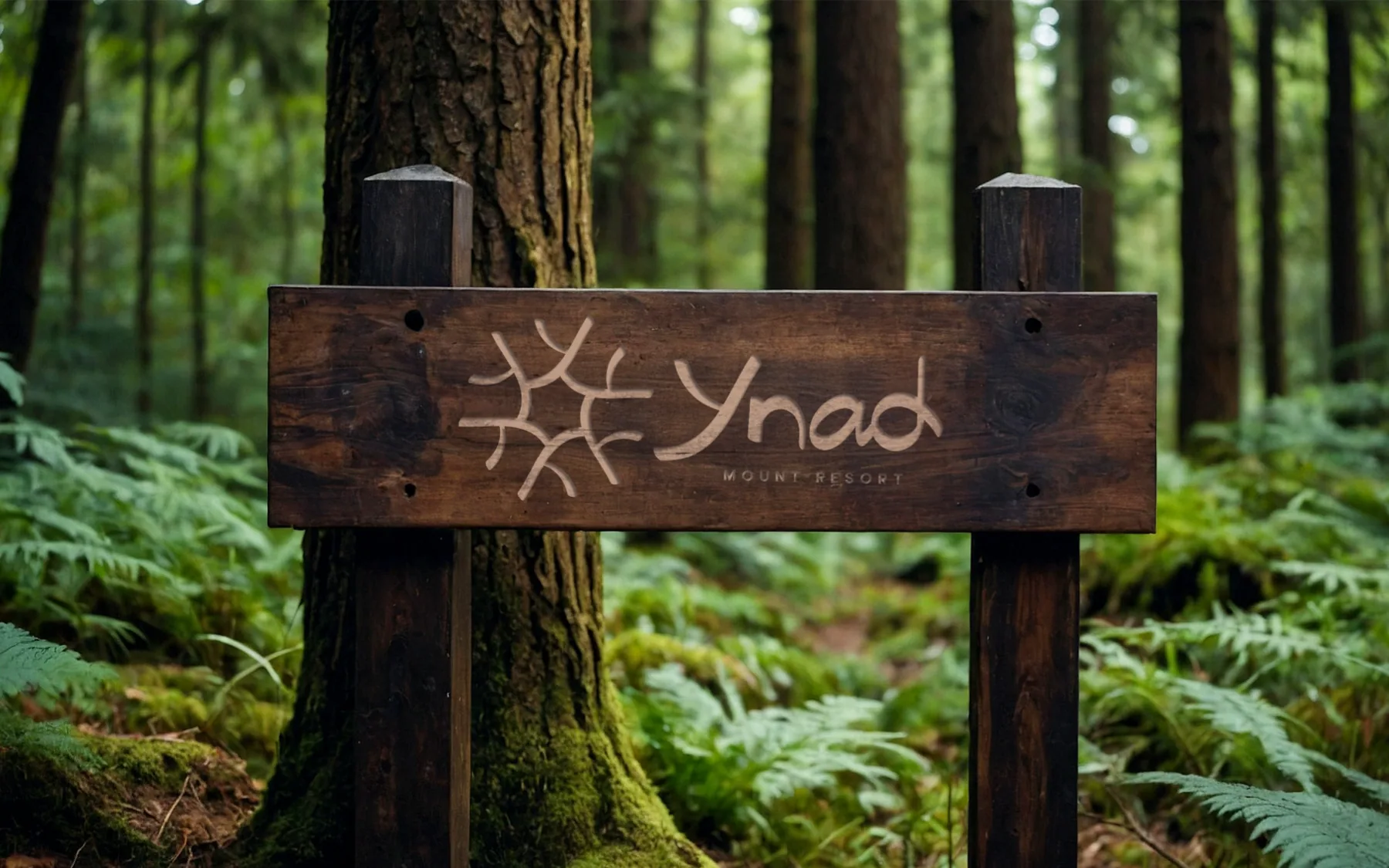 The horizontal lockup routed into a timber sign on a forest trail (mockup).