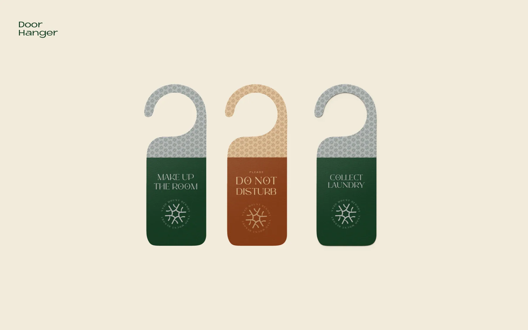 Door hangers in green and burnt orange, topped with the pattern and closed with the seal.