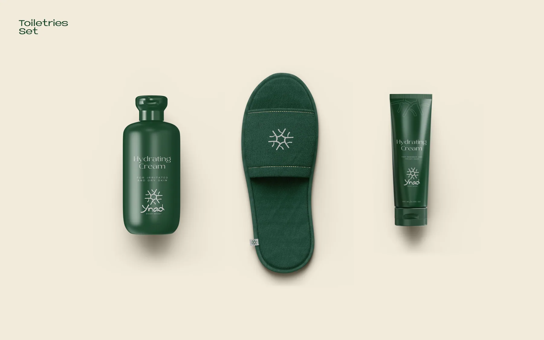 Guest amenities: hydrating cream, a slipper with the embroidered mark, and a tube.