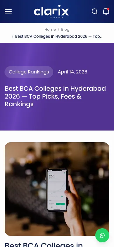 A Clarix guide to the best BCA colleges in Hyderabad on a phone, with the WhatsApp button in the corner
