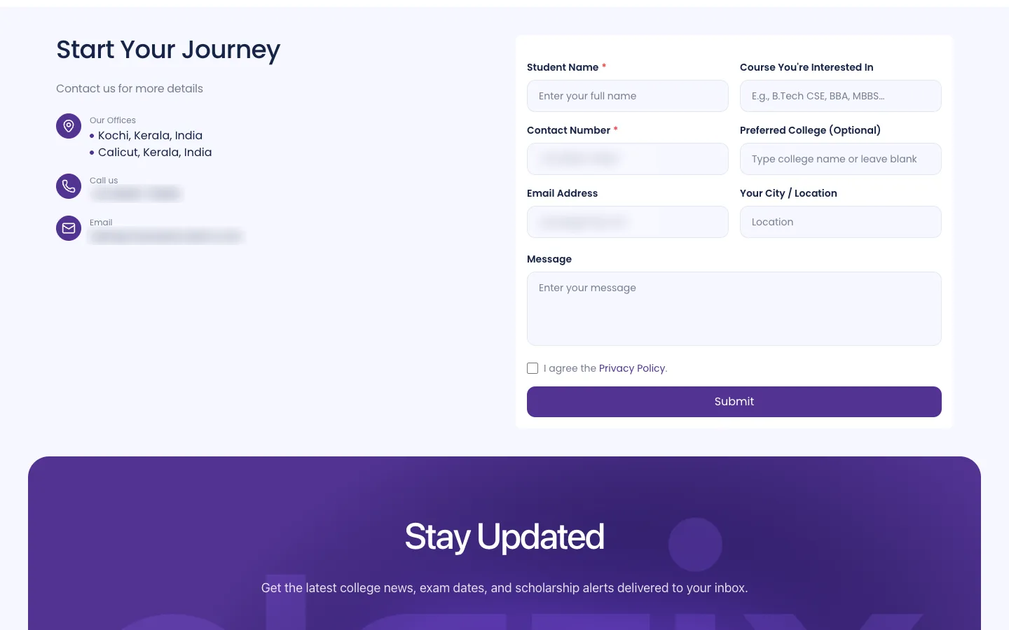 The Start Your Journey enquiry form on clarixeducation.com: student name, course, contact number, preferred college, email, city and message, beside the Kochi and Calicut offices, above the Stay Updated newsletter band
