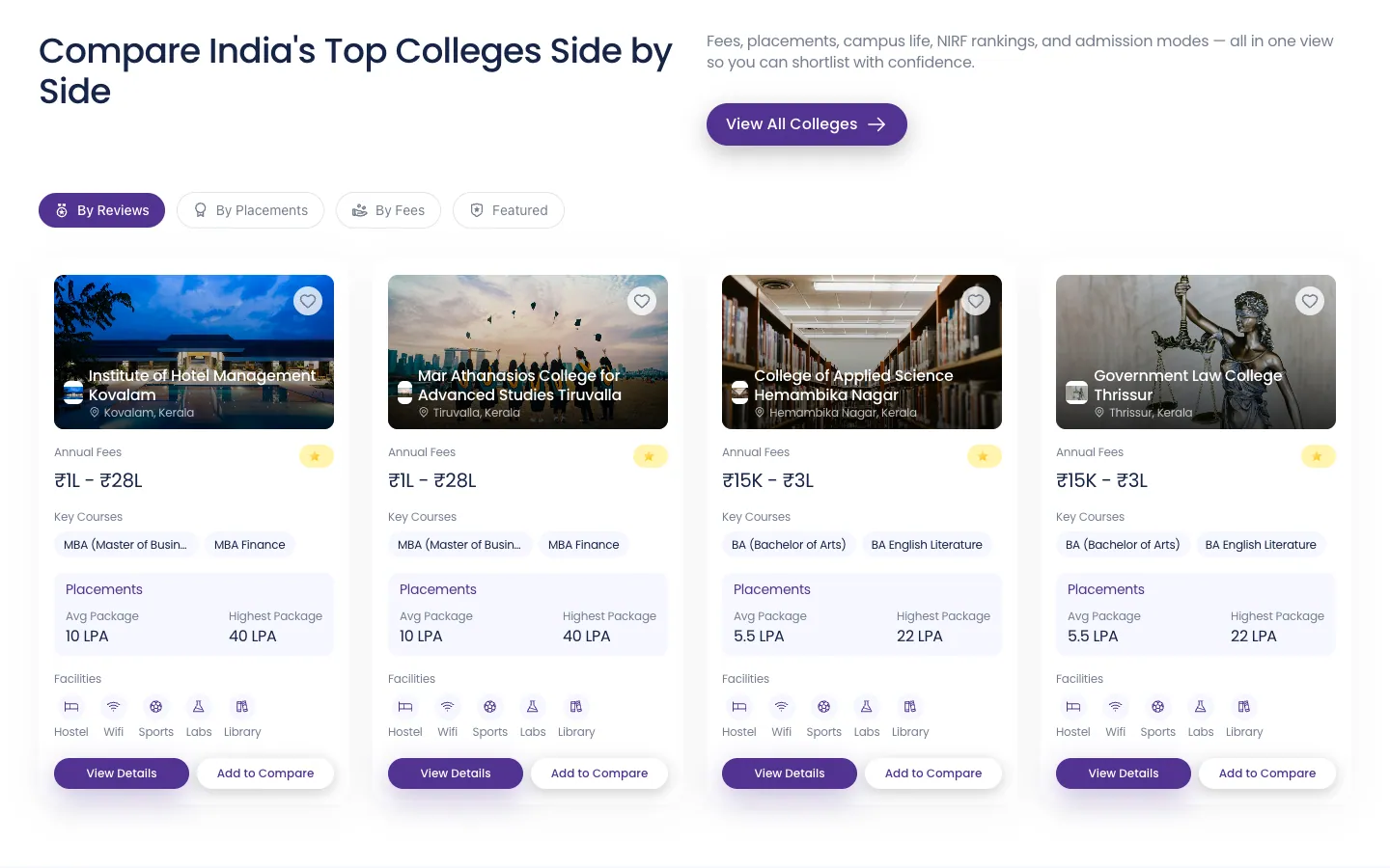 Clarix compare-colleges section with filters for reviews, placements and fees