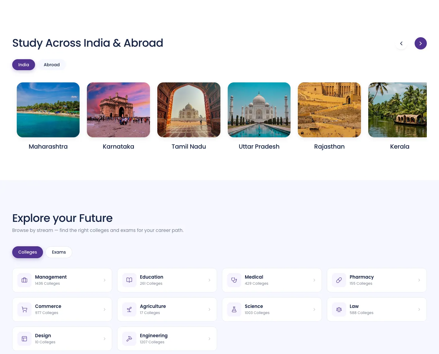 Clarix homepage sections to explore colleges by state and by stream