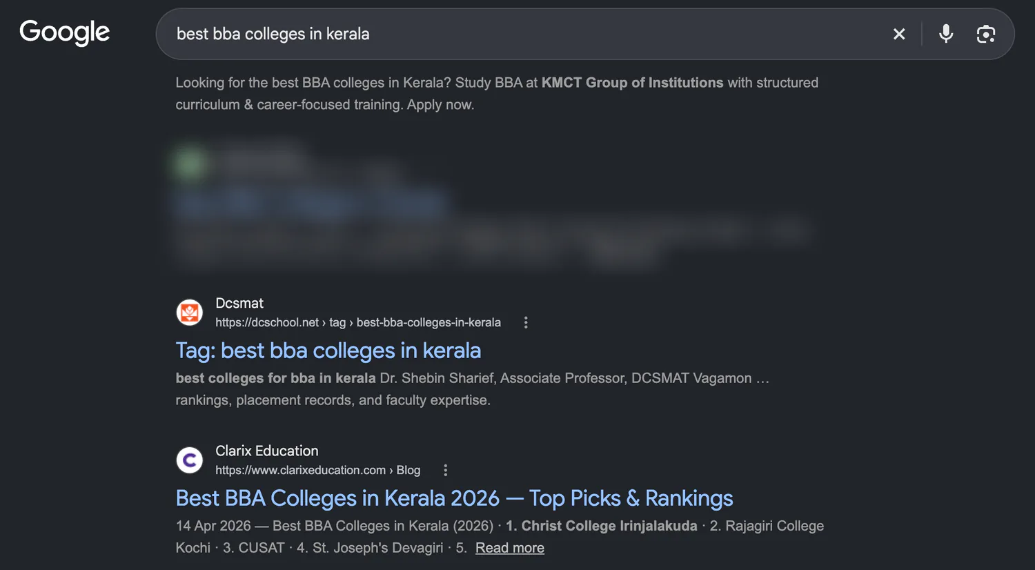 Google results for “best bba colleges in kerala”: the end of an ad, a blurred result and a Dcsmat page, then Clarix Education's guide to the best BBA colleges in Kerala for 2026, with its top picks and rankings