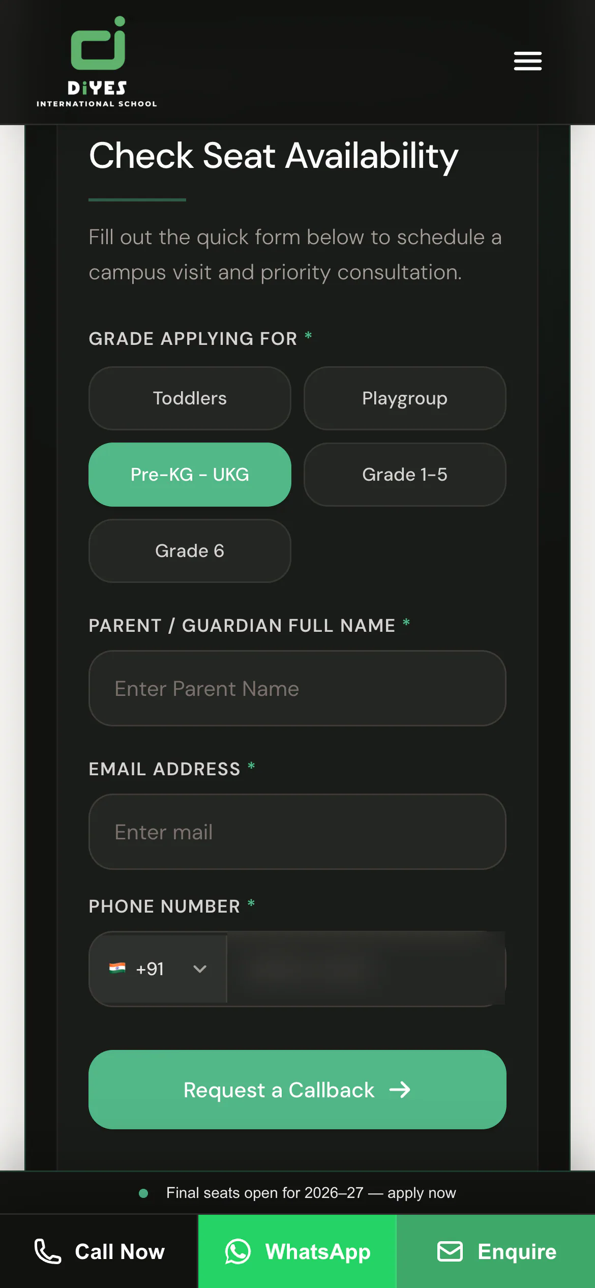 The Check Seat Availability form on a phone