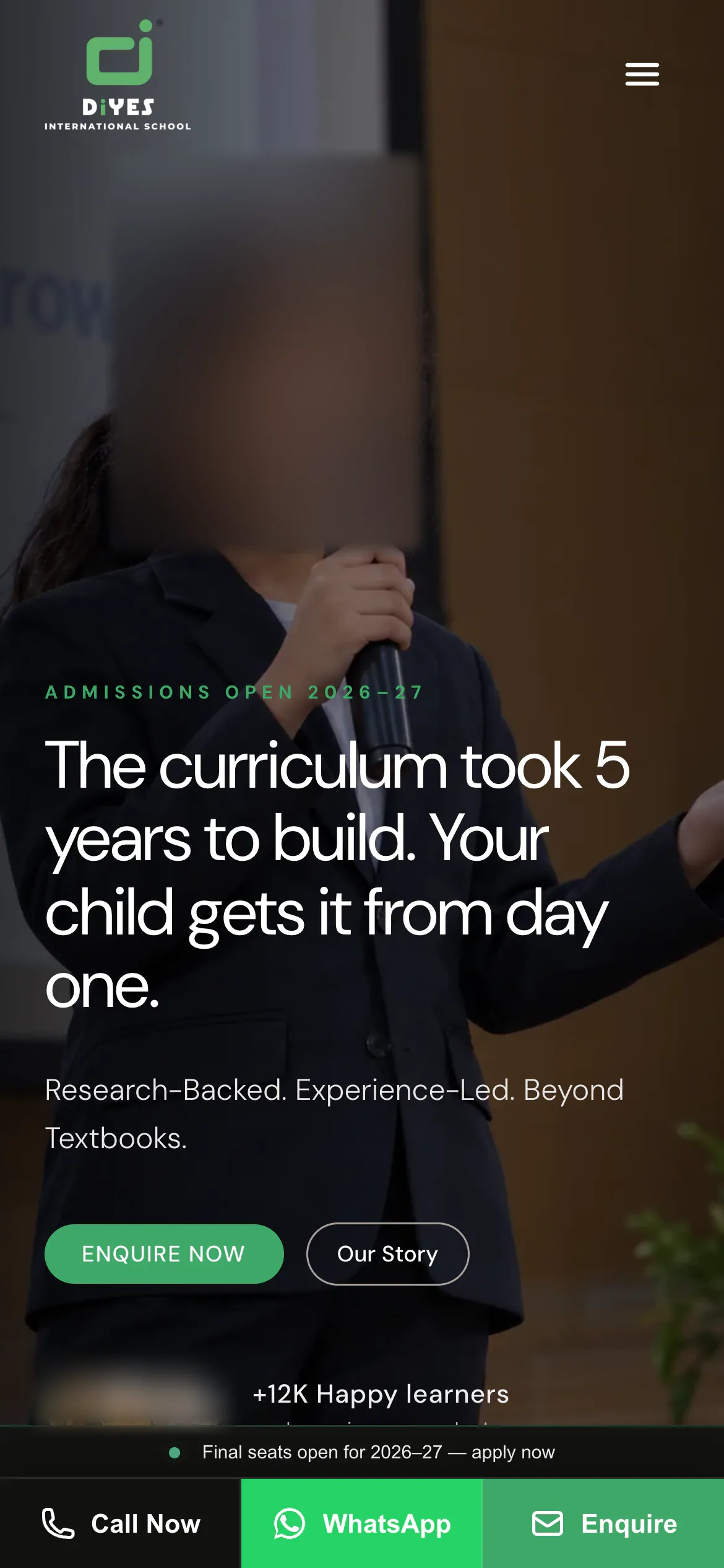 The DiYES admissions page on a phone, with a Call Now, WhatsApp and Enquire bar