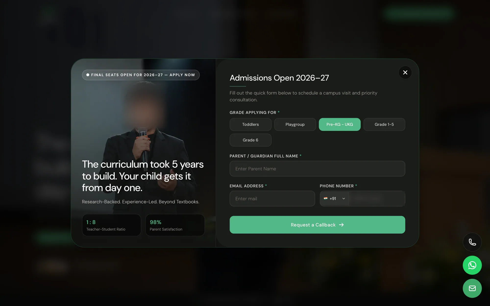 DiYES admissions pop-up form with grade buttons, parent name, email and a phone field with a country-code picker