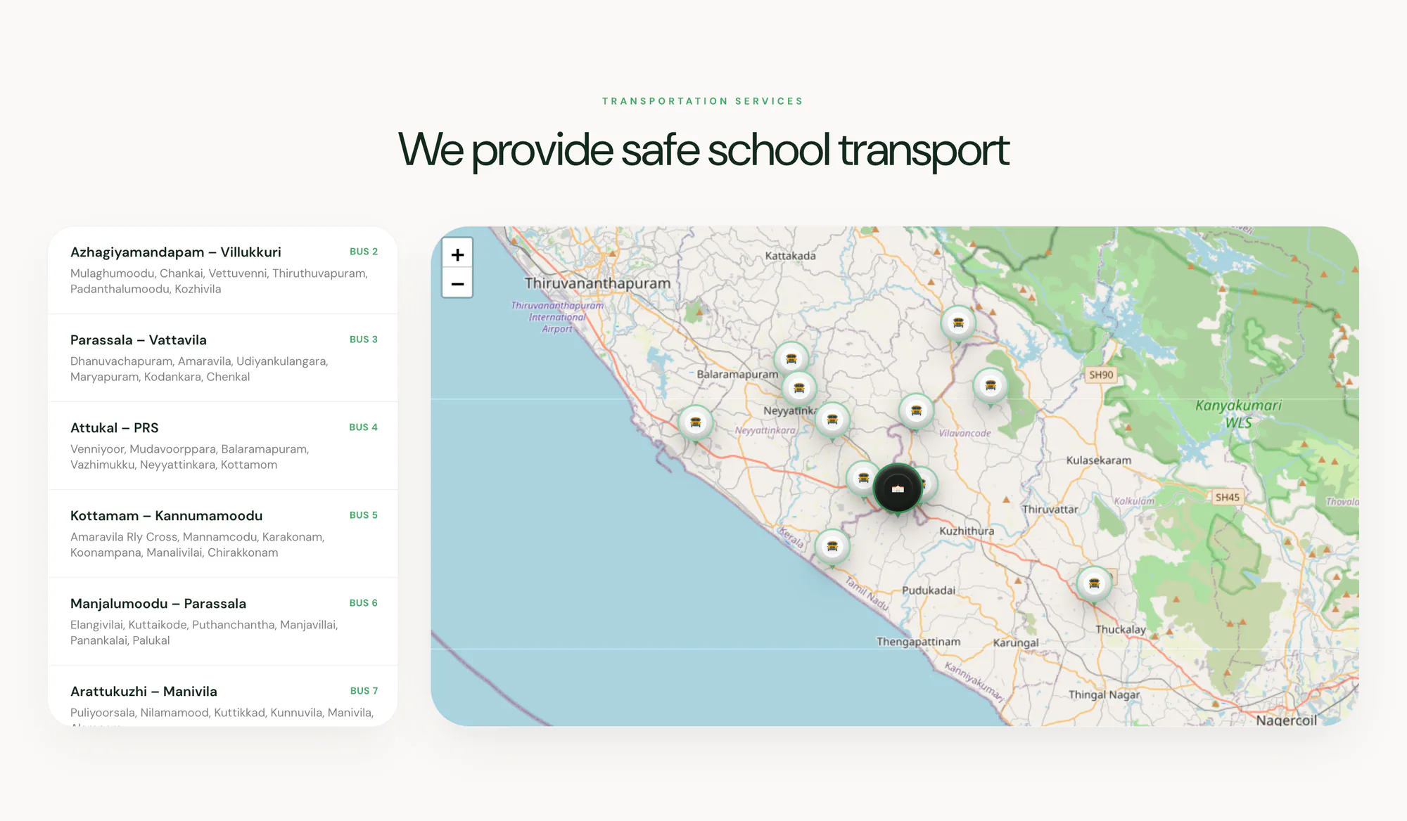 DiYES admissions page: 11 school transport routes listed beside an interactive map of the Parassala area